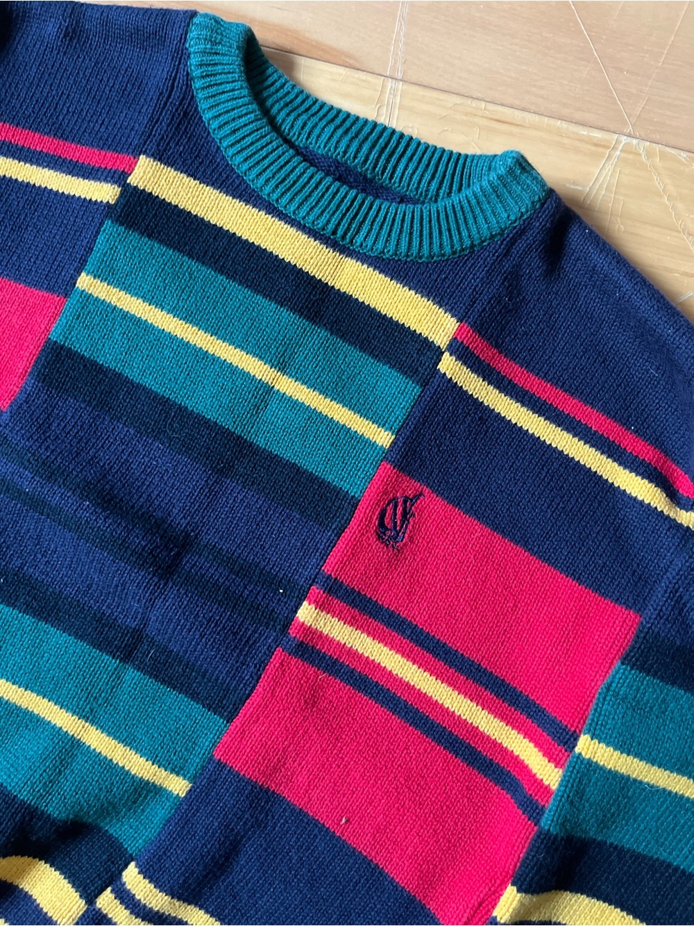 Vintage-Inspired Striped Crewneck Sweater - Navy, Teal & Pink